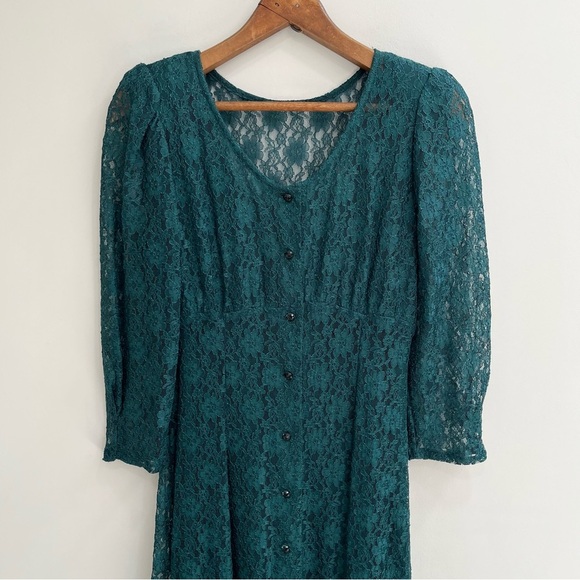 Vintage All That Jazz 80s 90s Emerald Green Full Lace Grunge Goth Gypsy Dress - Picture 3 of 13